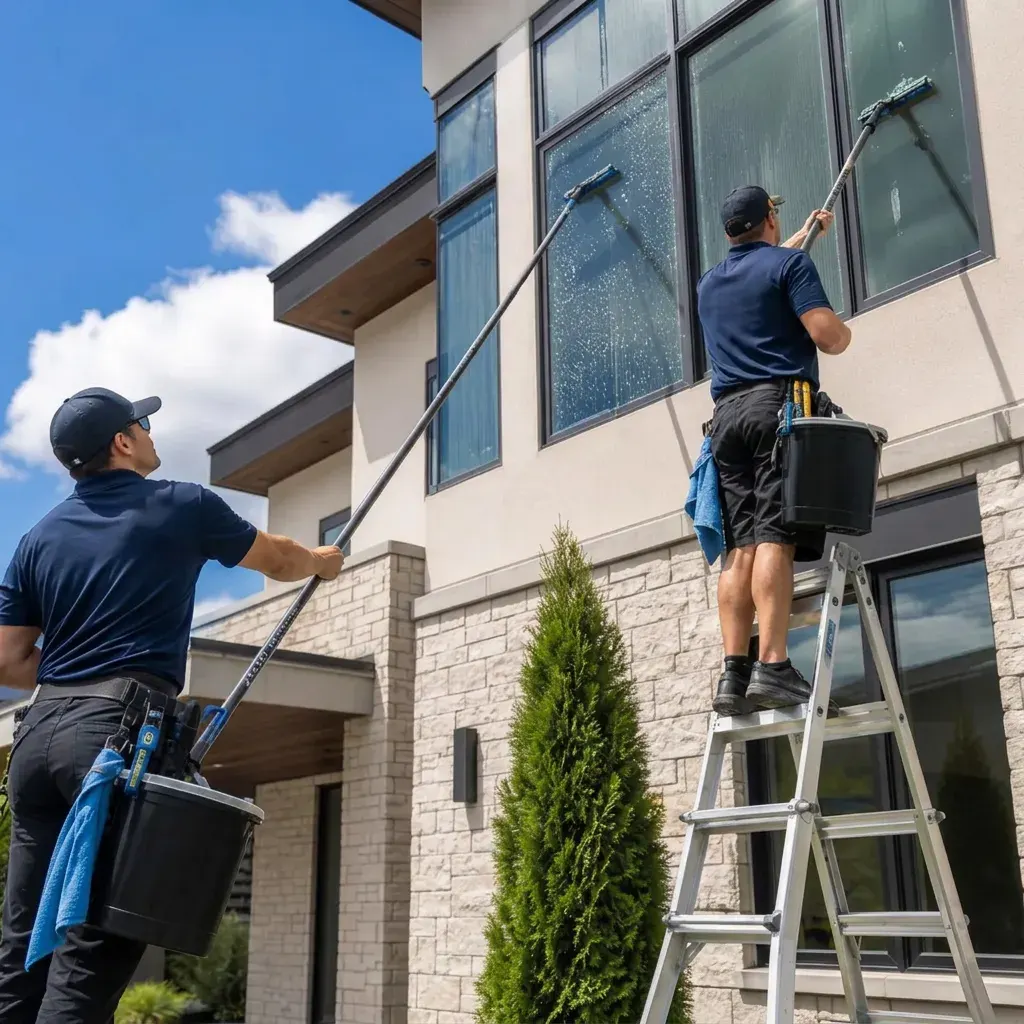 Window cleaning crew working on a commercial storefront